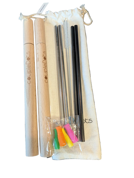 Couple Dots Reusable Metal Straw Set With Bamboo Travel Case