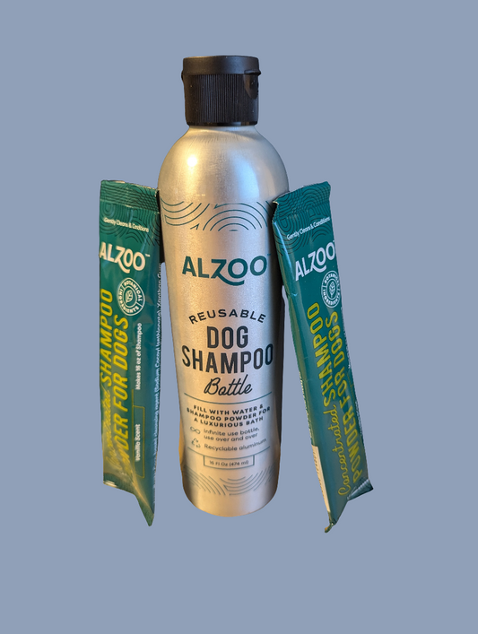 Alzoo Reusable Aluminum Dog Shampoo Bottle and 2 Packs of Dog Shampoo Powder