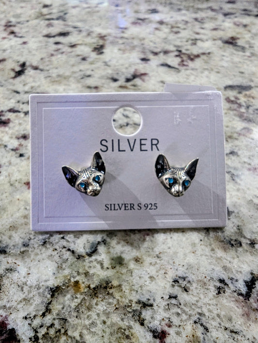 Sterling Silver Cat Earrings With Blue Eyes