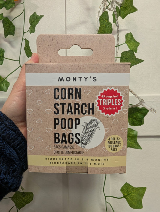 Monty's Compostable Dog Poop Bag's Triple rolls. 45 Bags Per Roll X 4